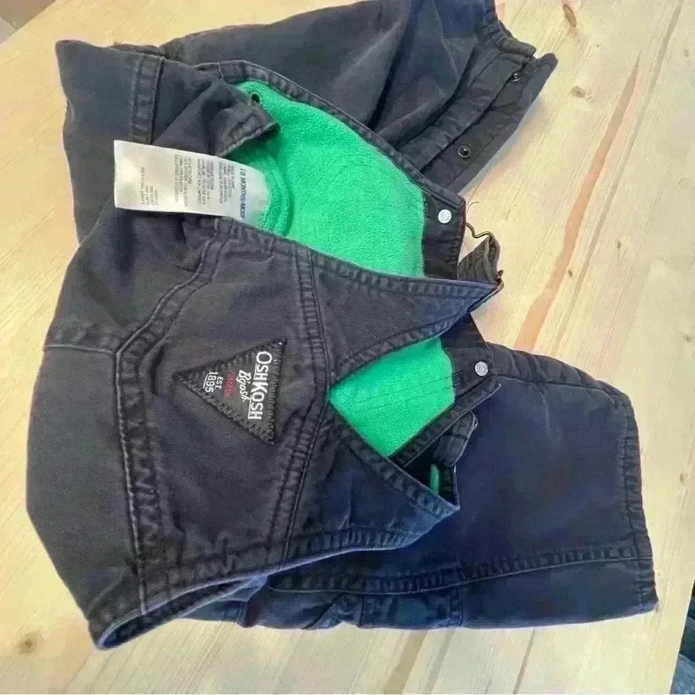 OshKosh B'gosh Boy's Size 18 Months Navy Blue Overalls Green Fleece Lined